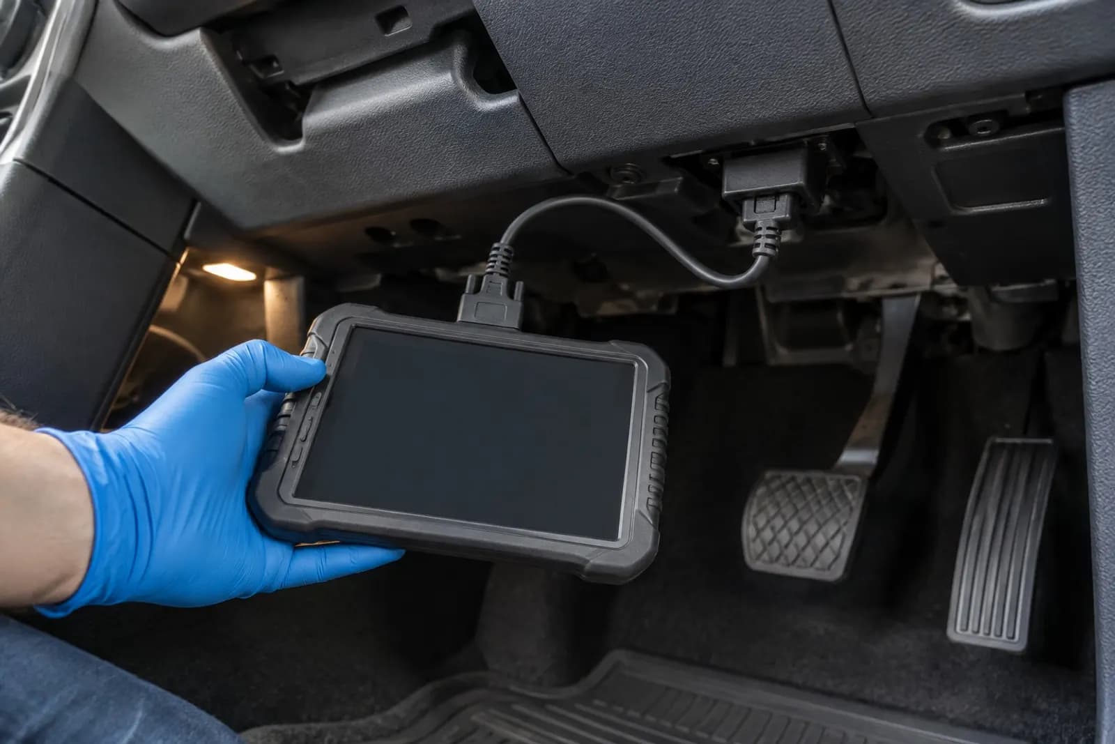 A diagnostic tablet connected to a car in the workshop