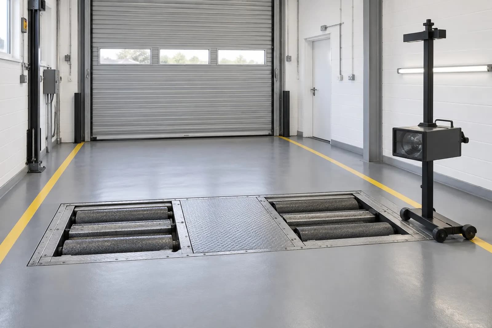 A hatchback in the MOT bay with the testing equipment in position