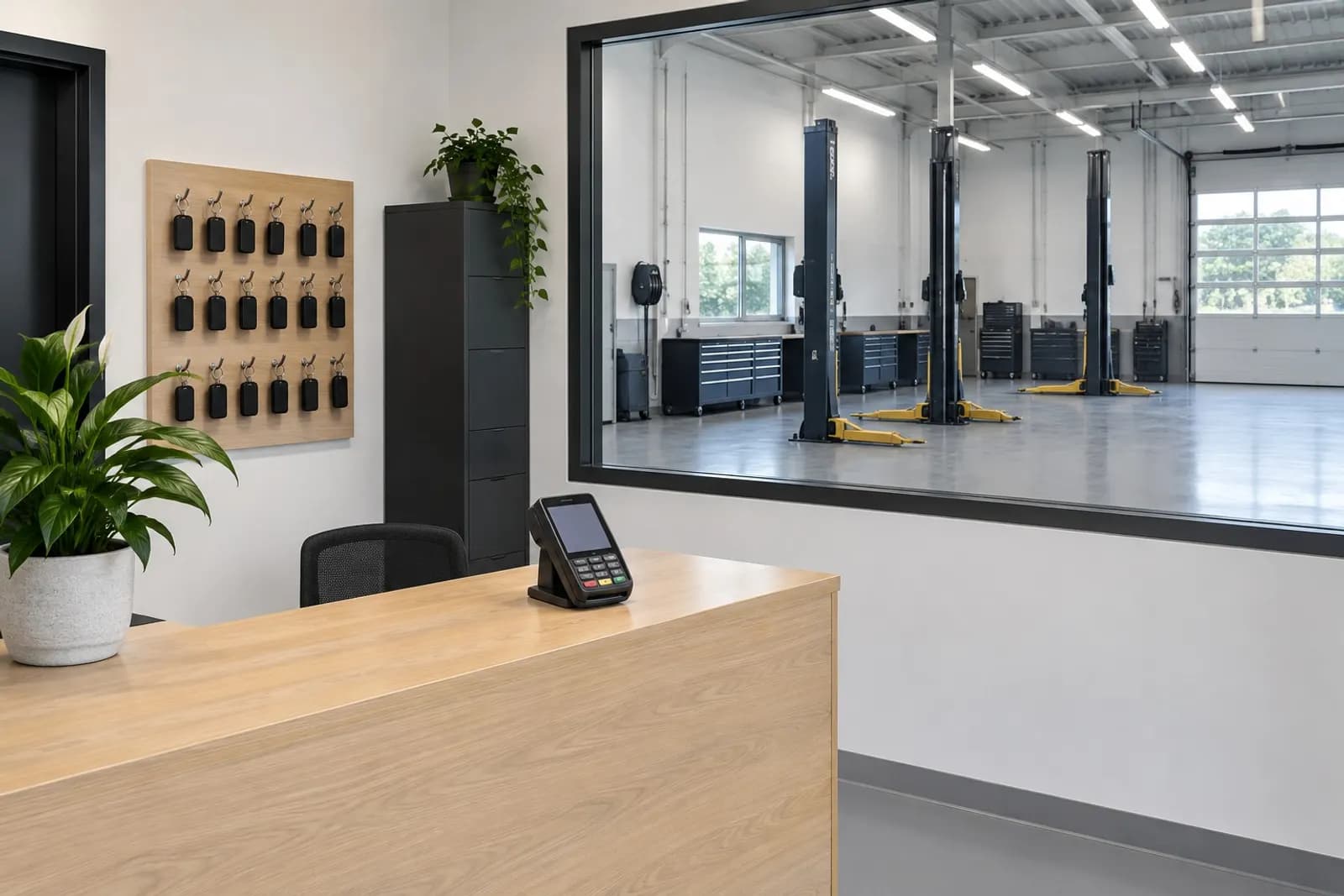 A clean garage reception desk and customer waiting area