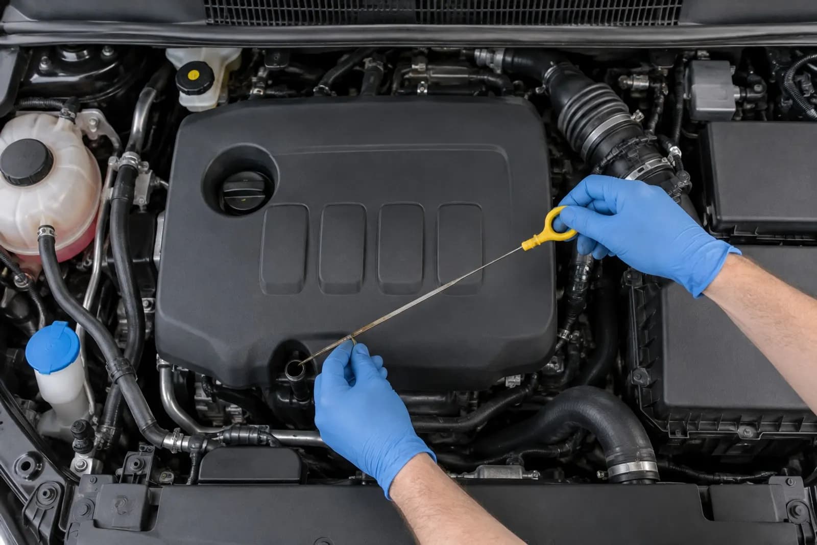 Gloved hands working on a car engine during a service