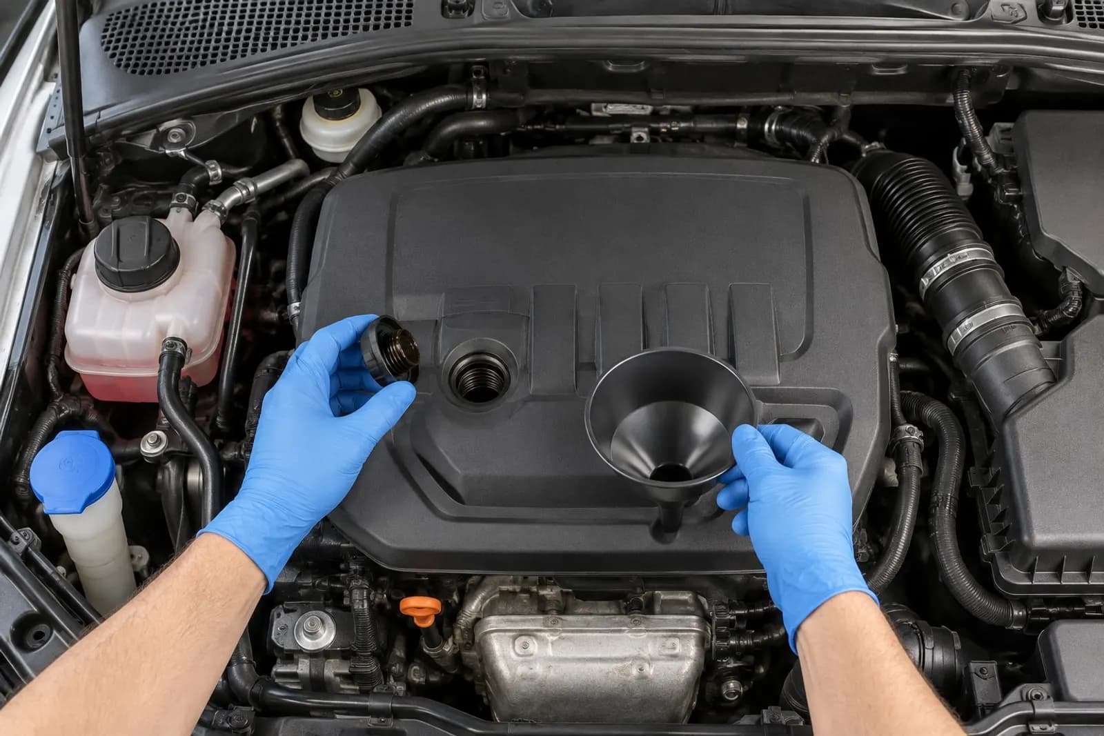 A mechanic servicing an engine with the bonnet open