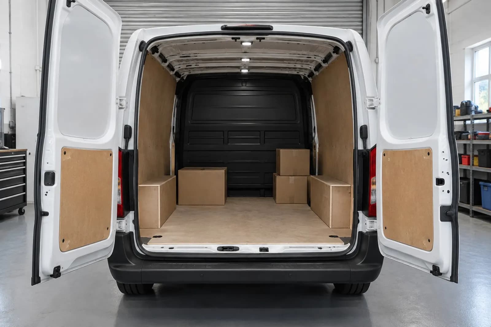 A van up on a lift in the workshop for servicing