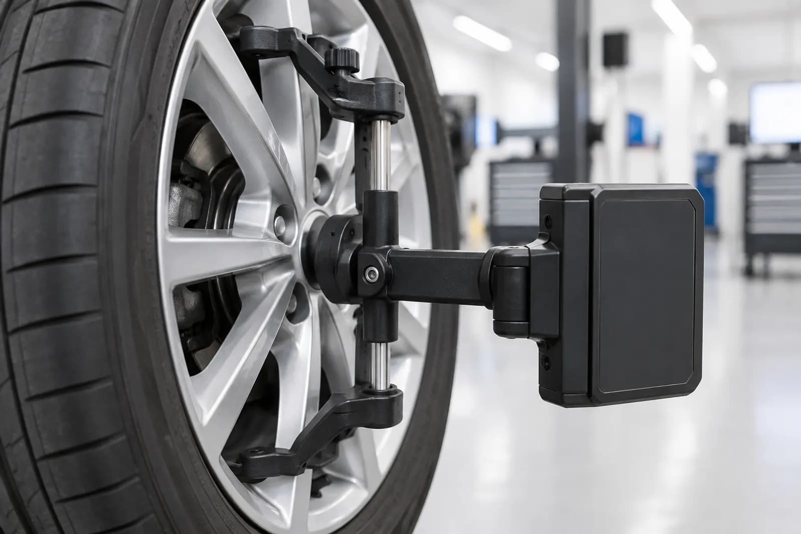 A car on an alignment rig with measuring heads fitted